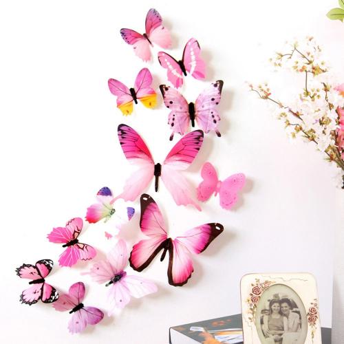 (12 шт) Комплект бабочек 3D  на скотче  ,  РОЗОВЫЕ цветные